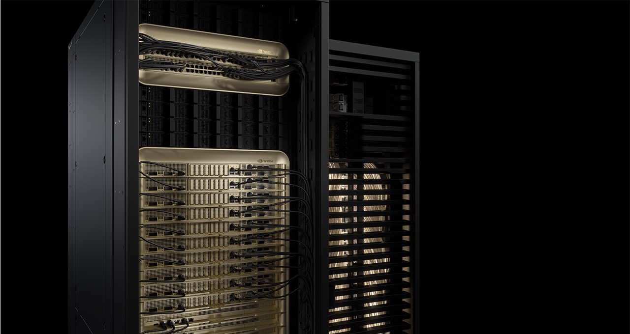 Liquid-cooled rack of NVIDIA GB300 NVL72 units used by Microsoft Azure to run large-scale AI training and inference